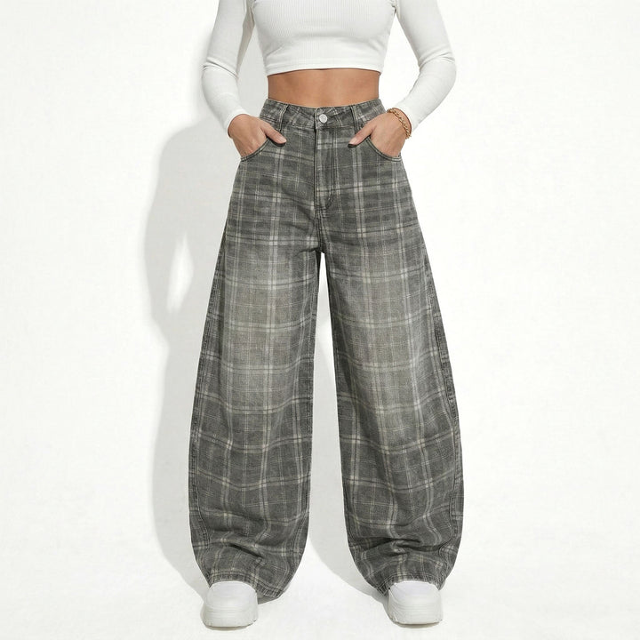 Wide Leg Plaid Pants Woman Wide Leg Lounge Mid Waist Pants Unisex Loose Trousers with Pockets Streetwear frugal