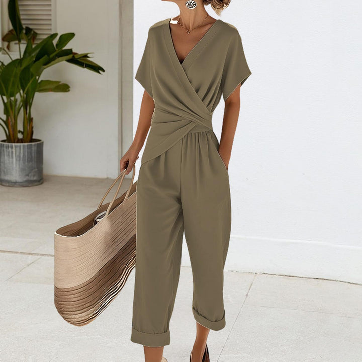 2 Piece Summer Sets for Women Wrap V Neck Side Twist Short Sleeve Solid Top Lounge Pants Outfits for Travel efficient