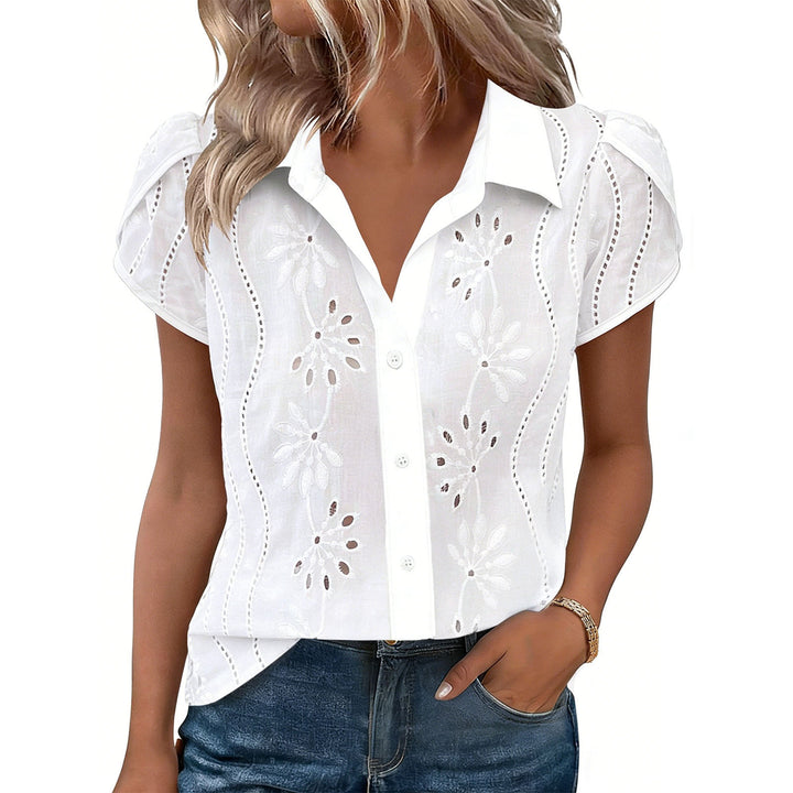 Embroidered Blouses for Women V Neck Button Embroidered Shirts Eyelet Fashion Summer Tops for Vacation Party handy