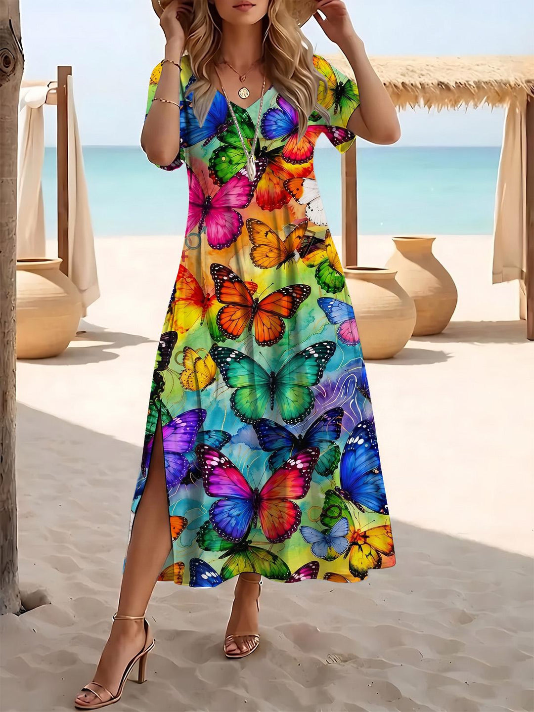 Colorful Butterfly Print Women's Short Sleeve V Neck Maxi Dress