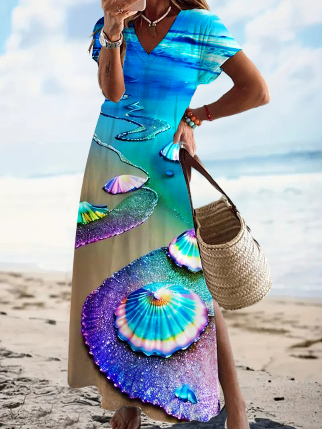 Seaside Shells Short Sleeve V Neck Maxi Dress