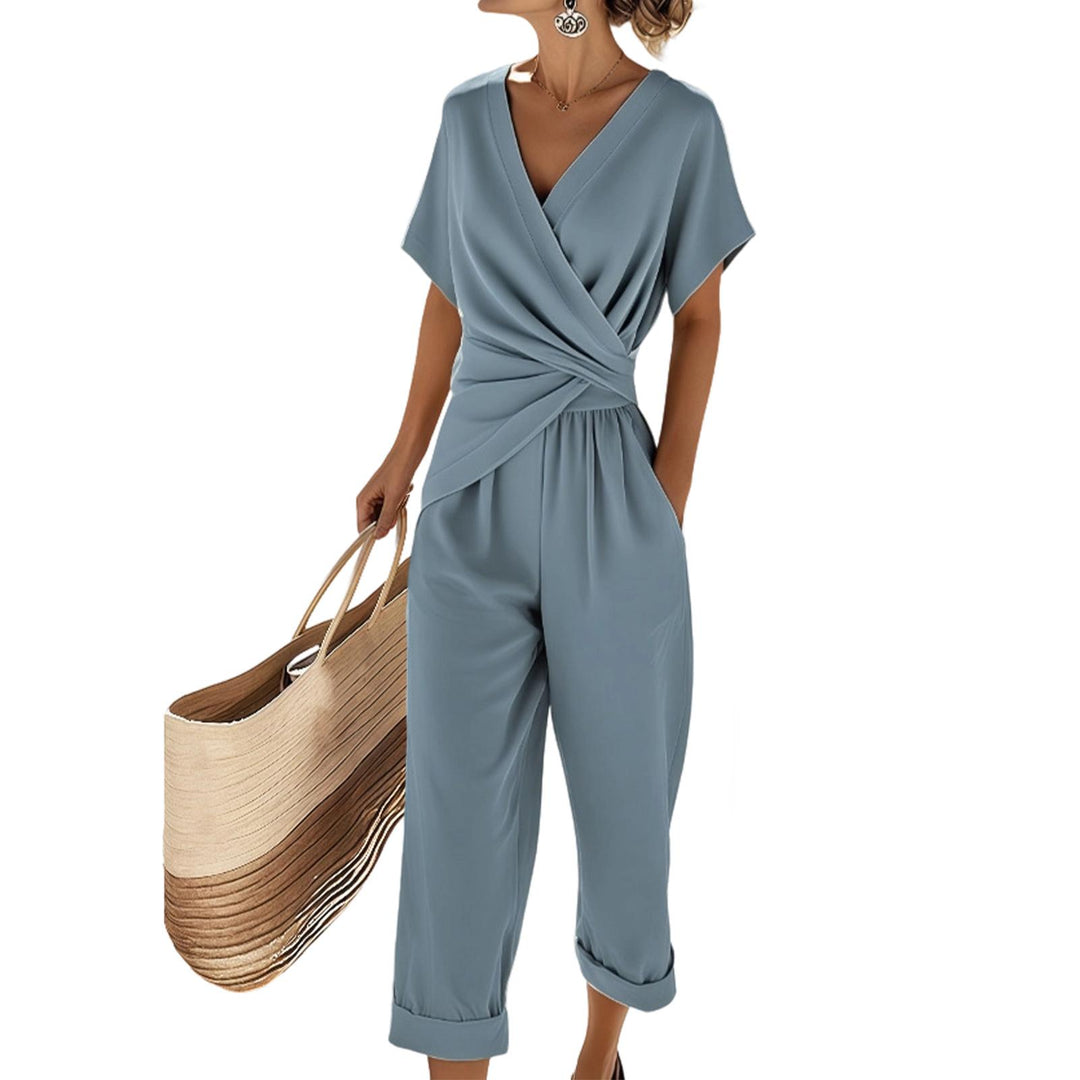 2 Piece Summer Sets for Women Wrap V Neck Side Twist Short Sleeve Solid Top Lounge Pants Outfits for Travel efficient