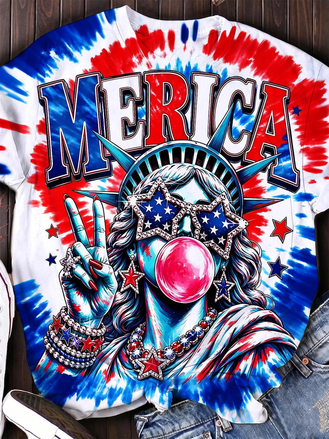 Tie Dye The Statue of Liberty Women's Short Sleeve Crew Neck T-shirt