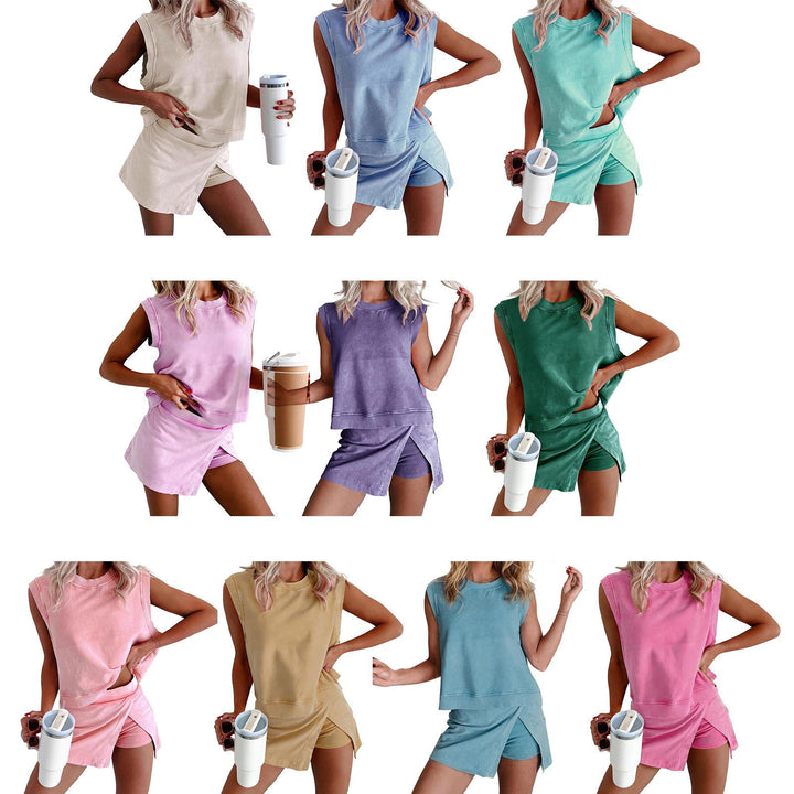 2 Piece Skorts Set for Women Sleeveless Cotton Crewneck Tank Top Split Athletic Skirt Skorts Set for Beach cosy