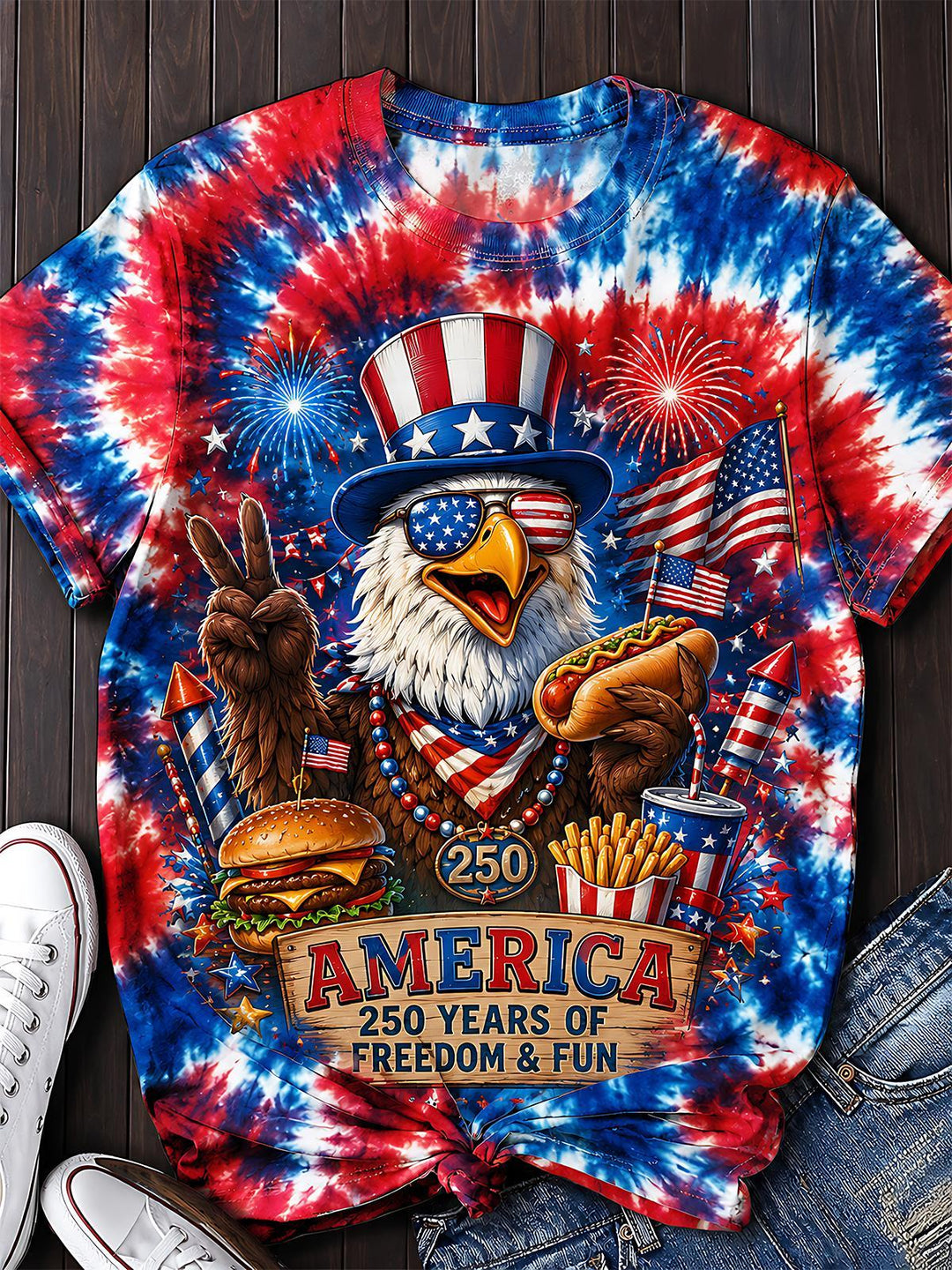 America 250th Independence Day Tie-Dye Fun Patriotic Eagle Women's Short Sleeve Crew Neck T-shirt