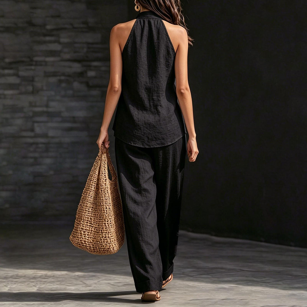 Summer Outfits for Women 2 Piece Set Deep V Neck Sleeveless Loose Fit Halter Top and Wide Leg Pants for Beach classical
