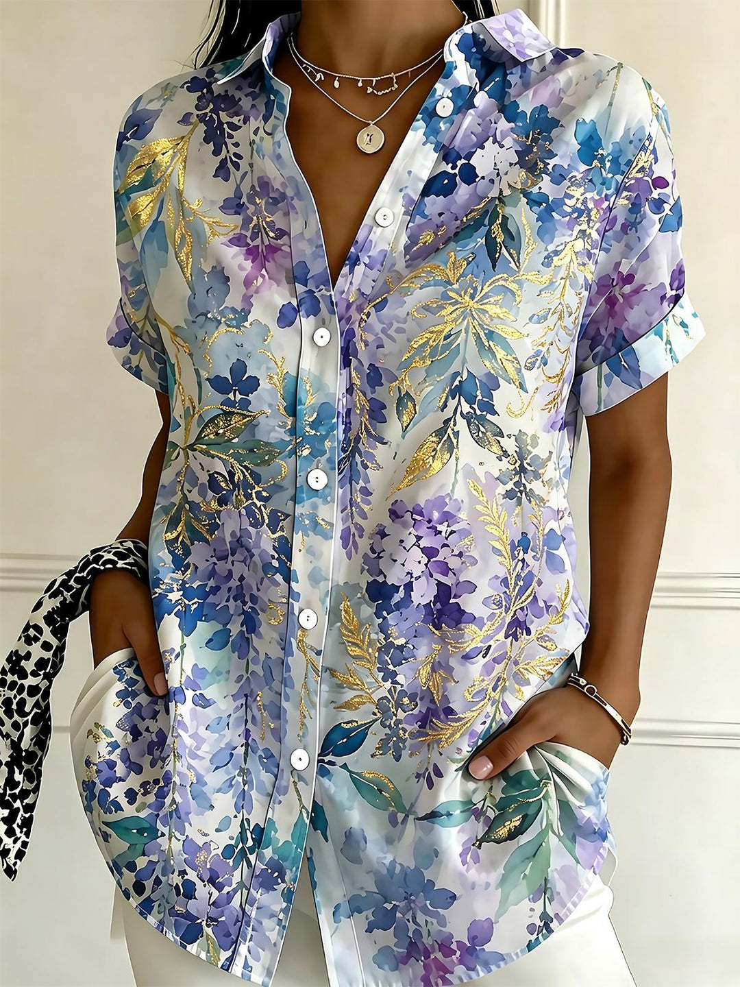 Art Gold Foil Purple-Blue Watercolor Floral Women's Short Sleeve Shirts