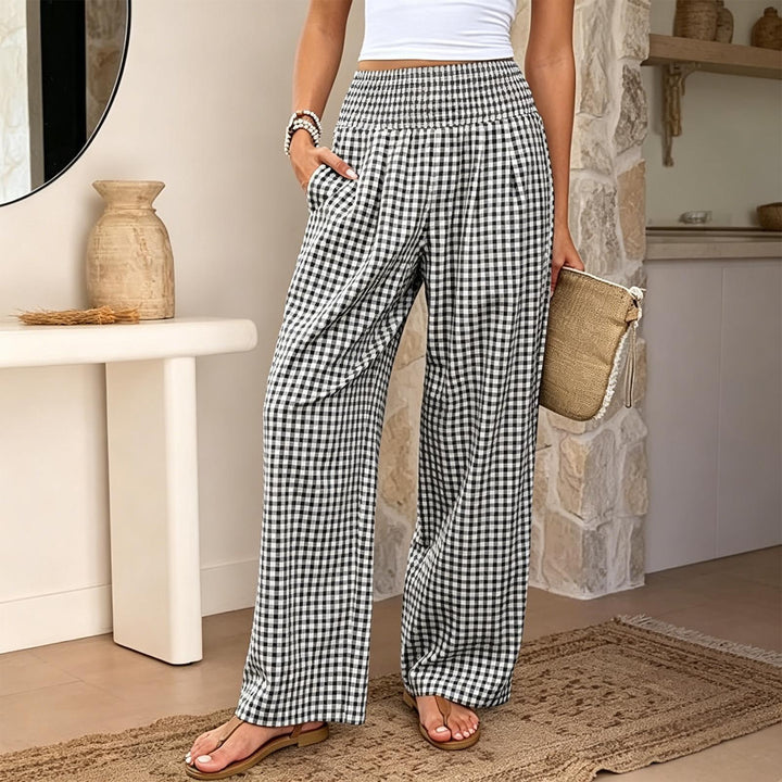 Women Gingham Pants Smocked Waist Plaid Pajama Lounge Pants Wide Leg Trousers with Pocket for Daily Wear gently