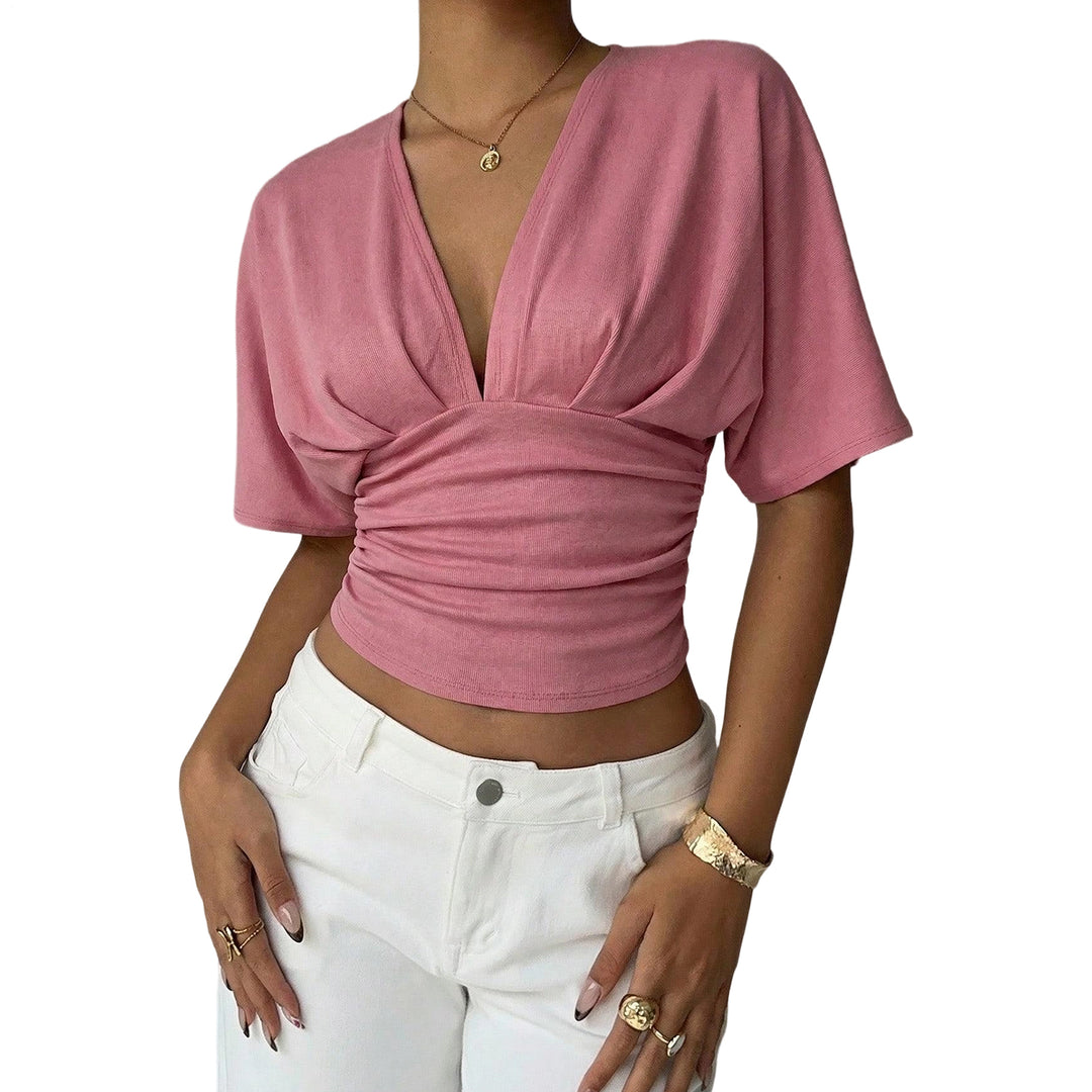 Cinch Waist Tops for Women Ruched Deep V Neck Crop Tops Sexy Summer T Shirts Short Sleeve for Travel Dating original