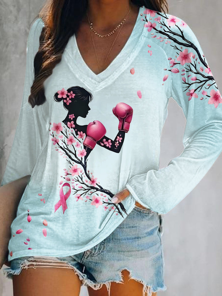 Breast Cancer Art Print V-Neck Long Sleeve Top