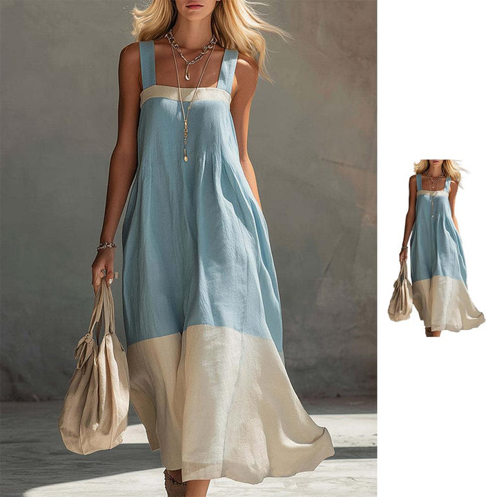Square Neck Maxi Dress Color Blocking Summer Sleeveless Dress Swing Flowy Sundresses for Travel Daily Wear presents