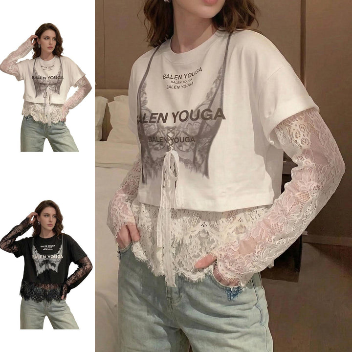 Lace Tshirt for Women Lace Splicing Long Sleeve Shirts Blouse Crew Neck Casual Layered Tee for Vacation Party superb