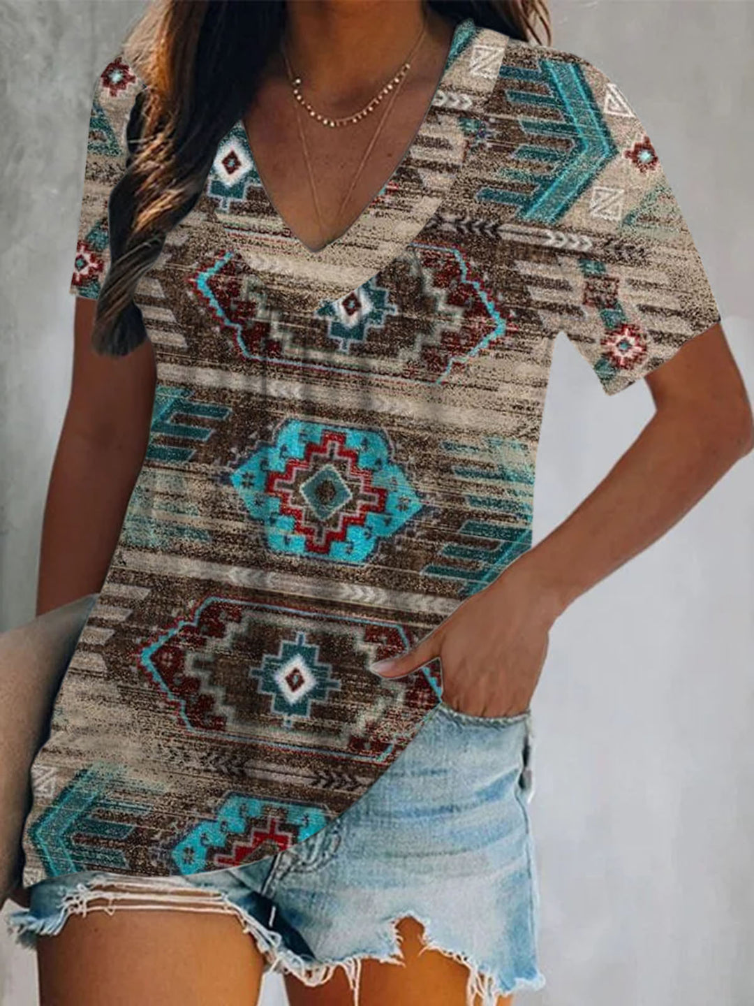 Western Distressed Turquoise Print Short Sleeve V Neck Print Top
