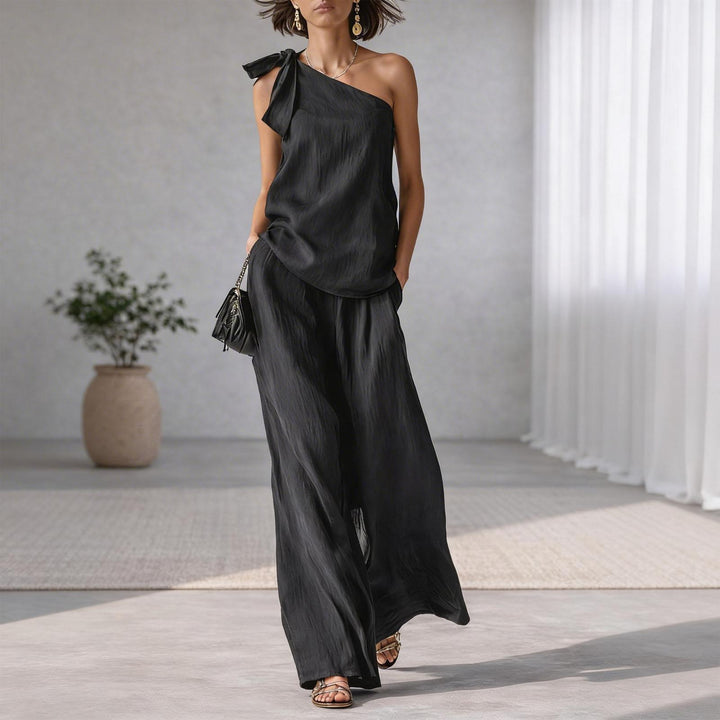 Summer Outfits for Women 2 Piece Set Off Shoulder Asymmetrical Neck Tank Tops Wide Leg Pants Set for Travel refined