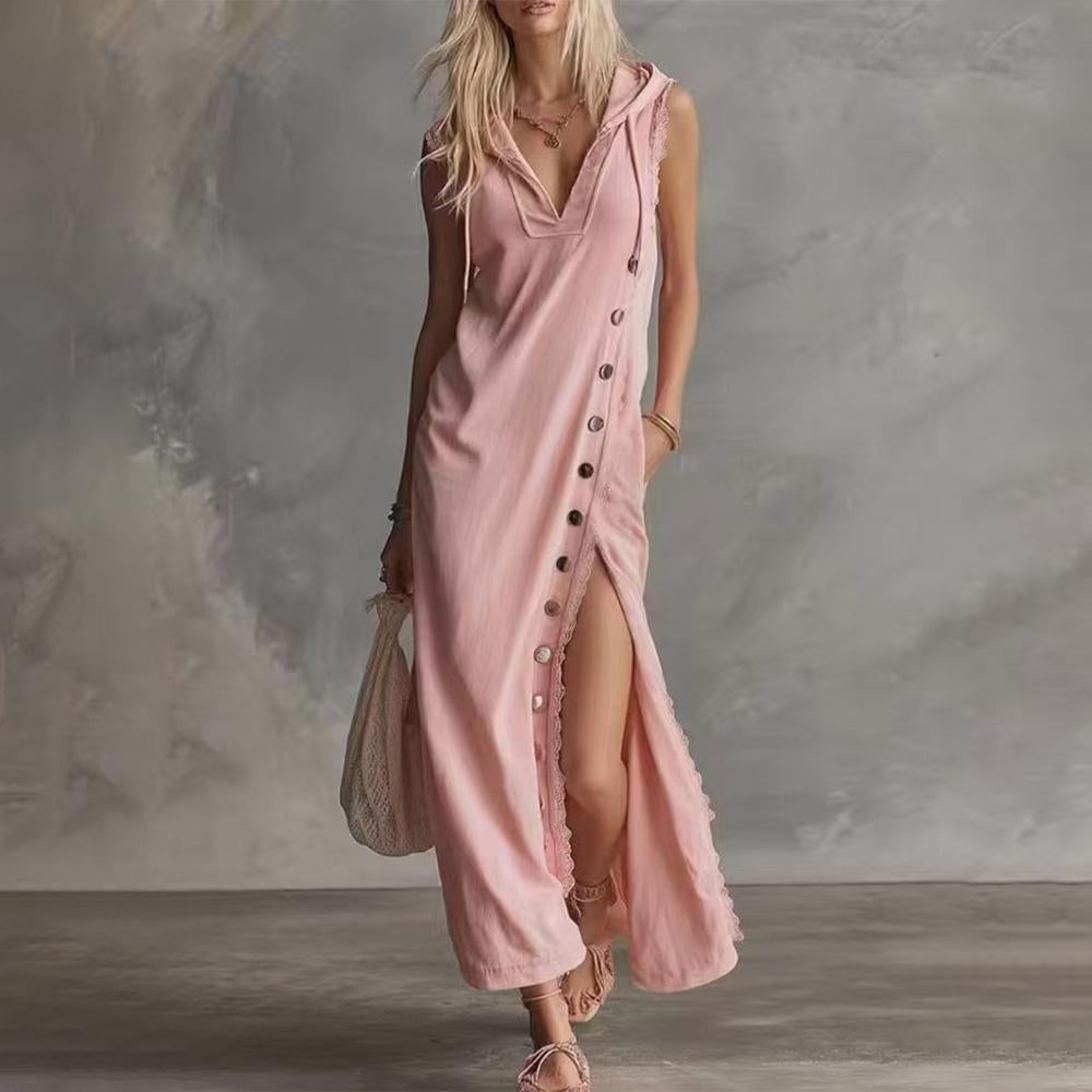 V Neck Maxi Dress for Women High Slit Lace Trim Casual Loose Summer Sleeveless Long Hoodie Dress for Travel honest