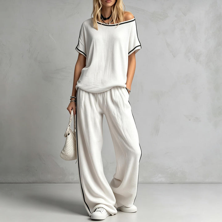 Two Piece Lounge Set for Women Color-Blocked Short Sleeve Top Loose Fit Wide Leg Pants Macthing Set for Daily right