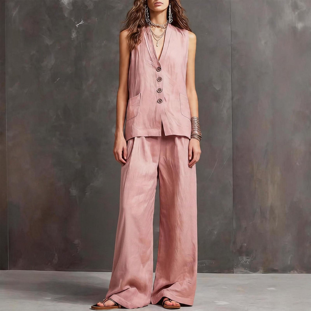 Womens Vest and Pants Set Two Piece Button Down Vest Top and Wide Leg Pants Casual Outfits for Work Travel ideal