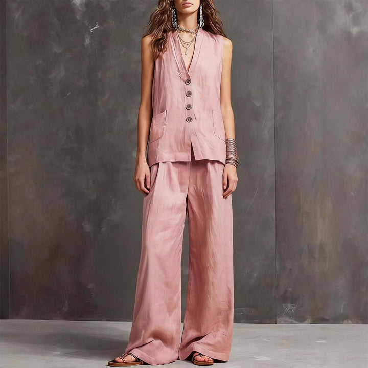 Womens Vest and Pants Set Two Piece Button Down Vest Top and Wide Leg Pants Casual Outfits for Work Travel ideal