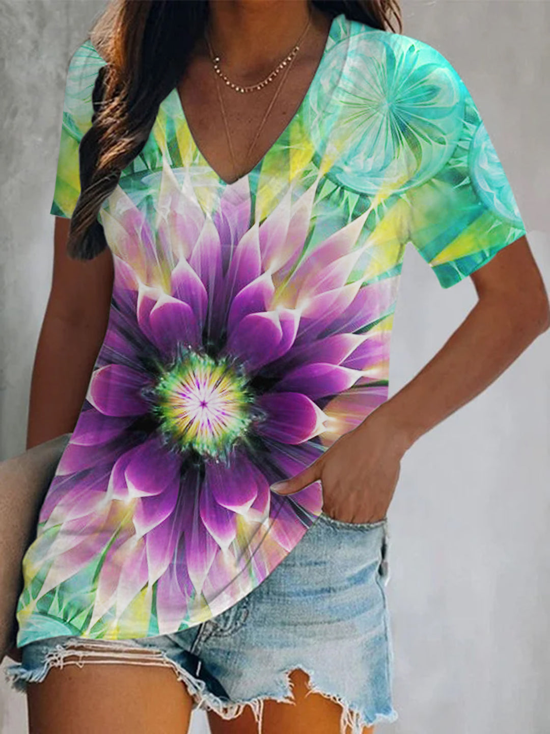 Abstract Pattern Short Sleeve V Neck Print Top