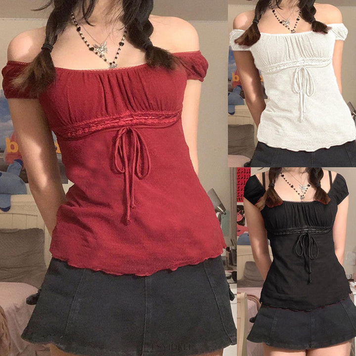 Off The Shoulder Shirts for Women Lace Trim Bow Dressy Casual Blouses Sexy Going Out Shirts for Going Out method