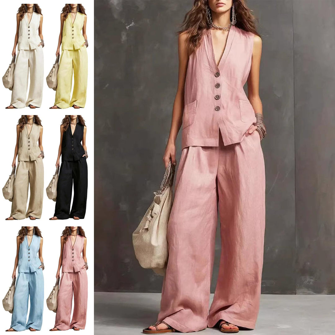 Womens Vest and Pants Set Two Piece Button Down Vest Top and Wide Leg Pants Casual Outfits for Work Travel ideal