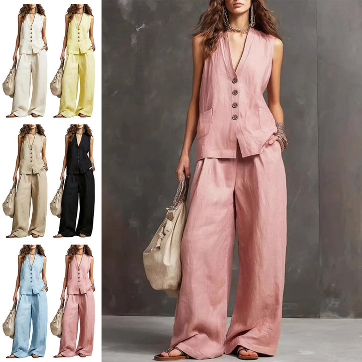 Womens Vest and Pants Set Two Piece Button Down Vest Top and Wide Leg Pants Casual Outfits for Work Travel ideal