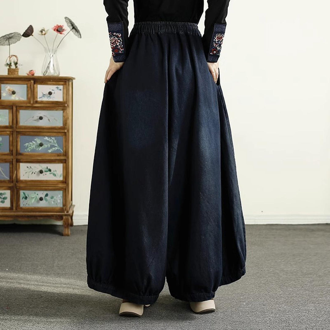 Womens Embroidered Jeans High Waisted Elastic Waist Denim Pants Baggy Trousers with Pockets for Travel Date fashionable