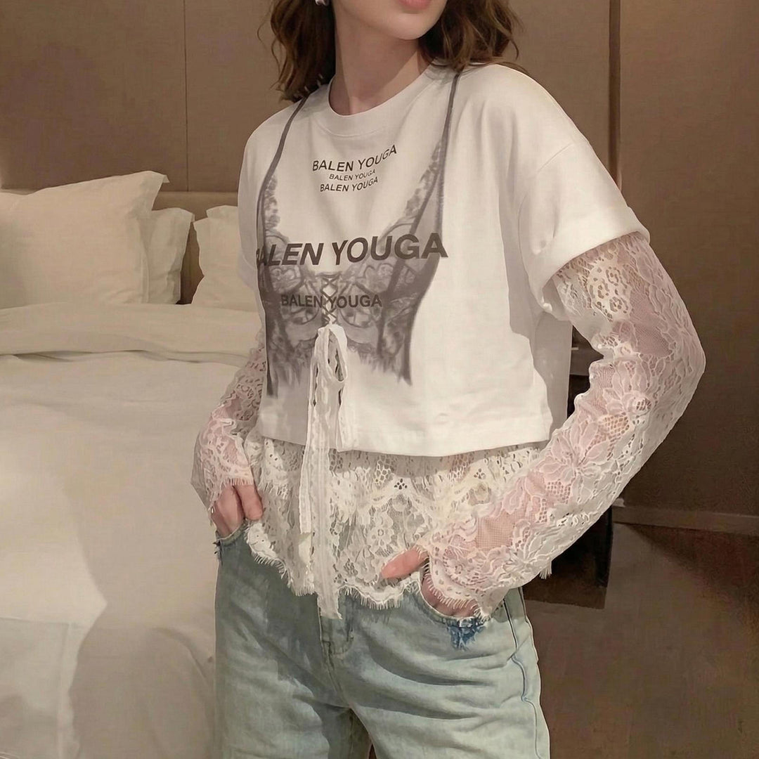 Lace Tshirt for Women Lace Splicing Long Sleeve Shirts Blouse Crew Neck Casual Layered Tee for Vacation Party superb