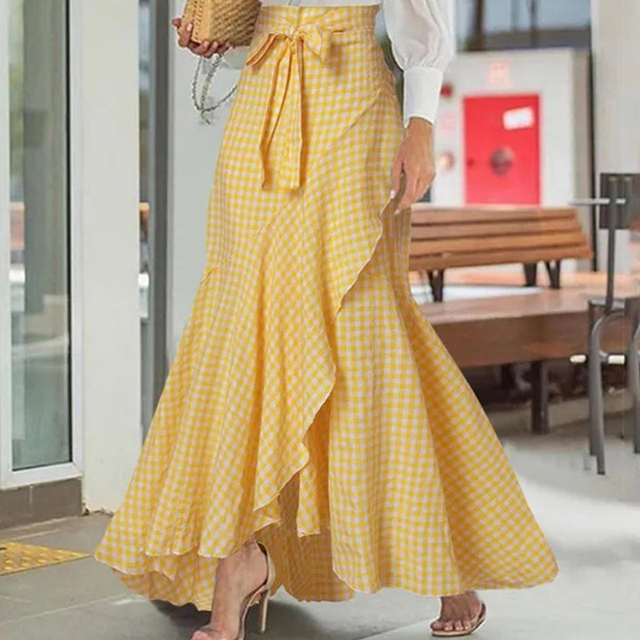 Long Plaid Skirt Mermaid A Line Women High Waist Flowy Ruffle High Low Skirts Waist Tie Clothes Daily Wear capable