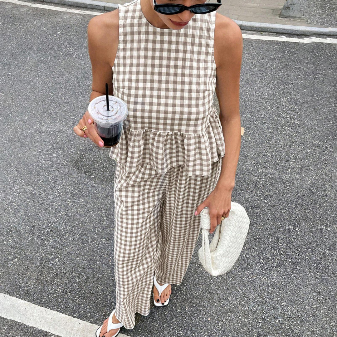 Womens Gingham Set Ruffle Plaid Peplum Tops and Pants Summer Vacation Going Out Sets for Daily Wear Beach admired