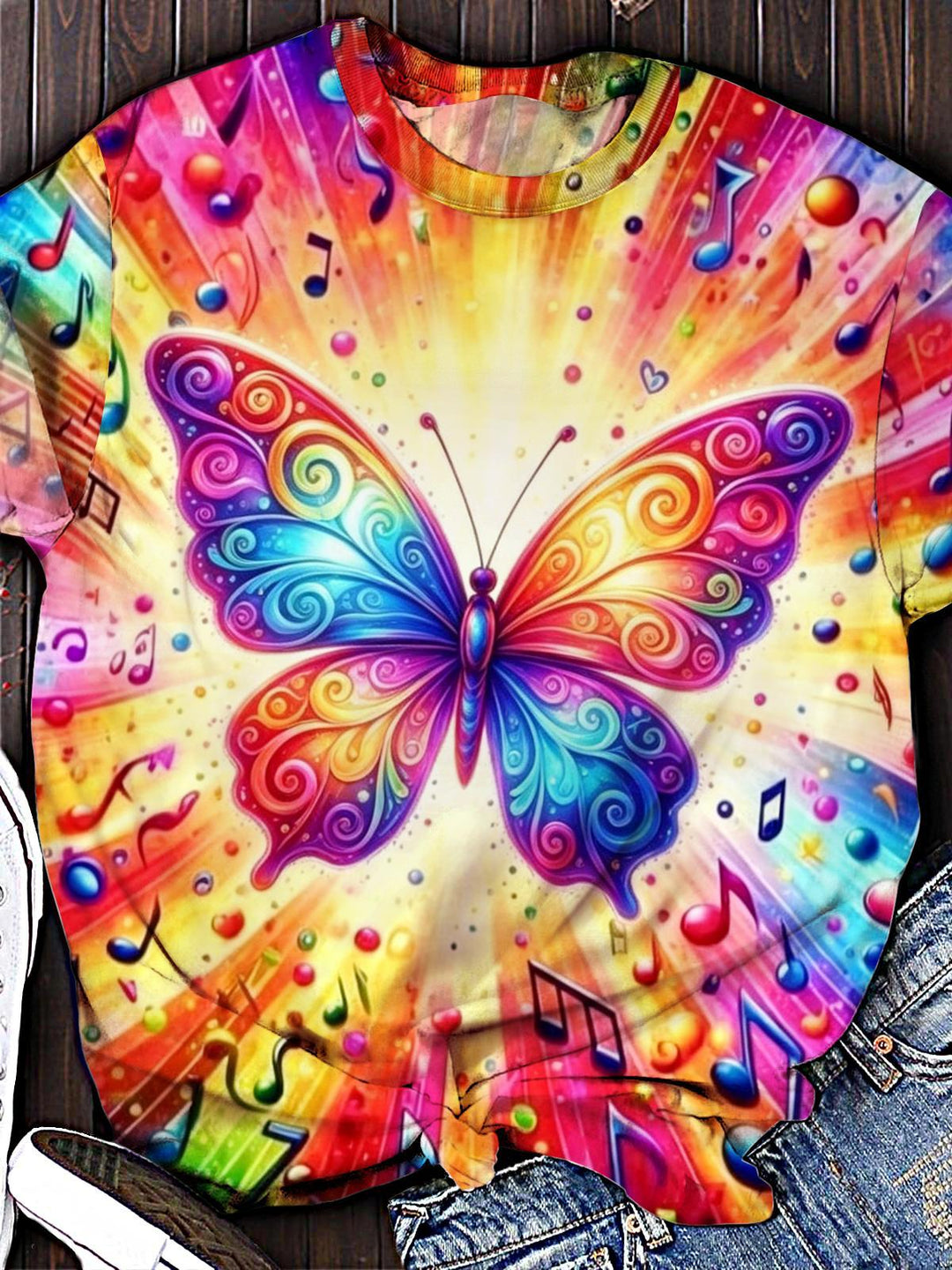 Women's Rainbow Swirl Butterfly With Music Notes Round Neck Short Sleeve T-Shirt