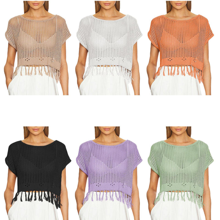 Crochet Tops for Women Tassel Hollow Out Summer Knit Top Crewneck Short Sleeve Pullover Cover Up for Travel usefulness