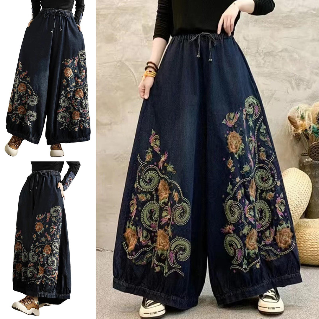 Womens Embroidered Jeans High Waisted Elastic Waist Denim Pants Baggy Trousers with Pockets for Travel Date fashionable