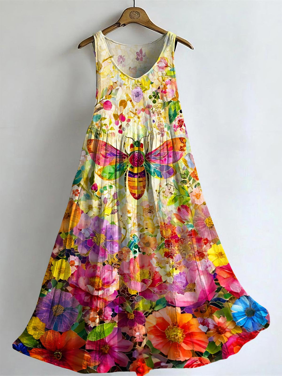 Watercolor Colorful Bee Flower V-neck Bamboo Linen Sleeveless Dress
