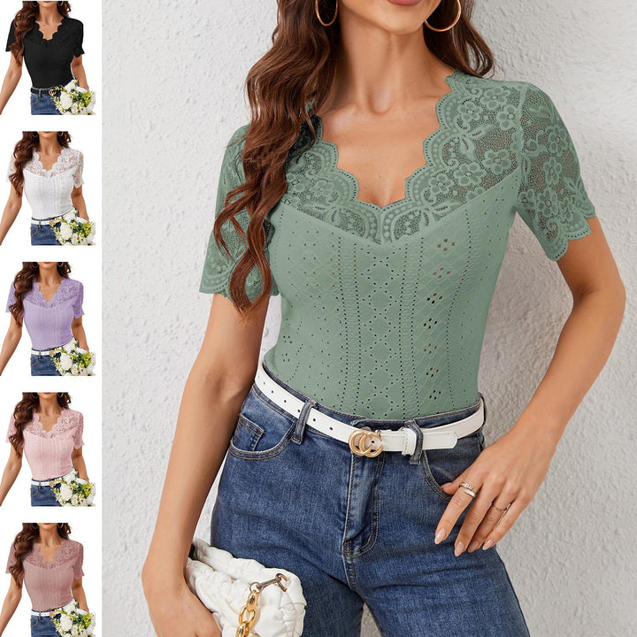 Womens Lace Shirt V Neck Dressy Casual Blouses Summer Fitted Shirts Short Sleeve for Going Out Commuting remarkable