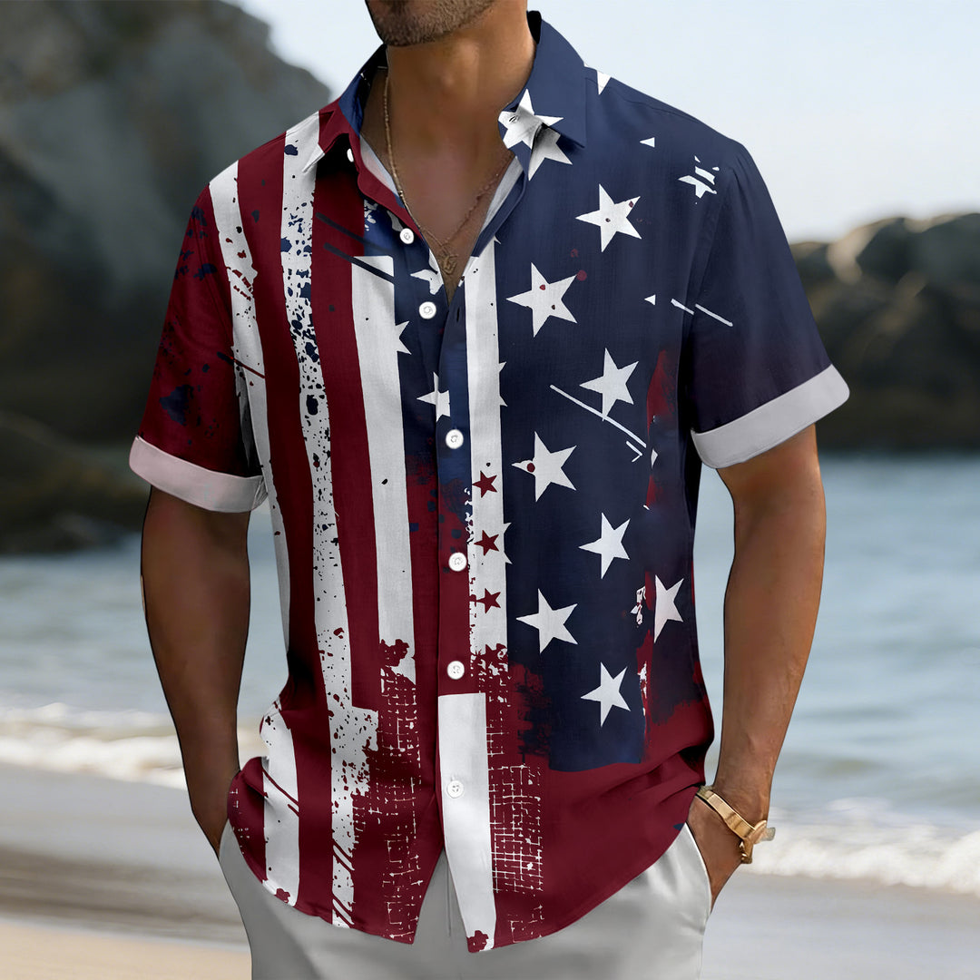 Patriotic Button Up Shirts For Men 250 Years Flag Lapel Short Sleeve Casual Trendy Hawaiian Shirts for Travel respectable