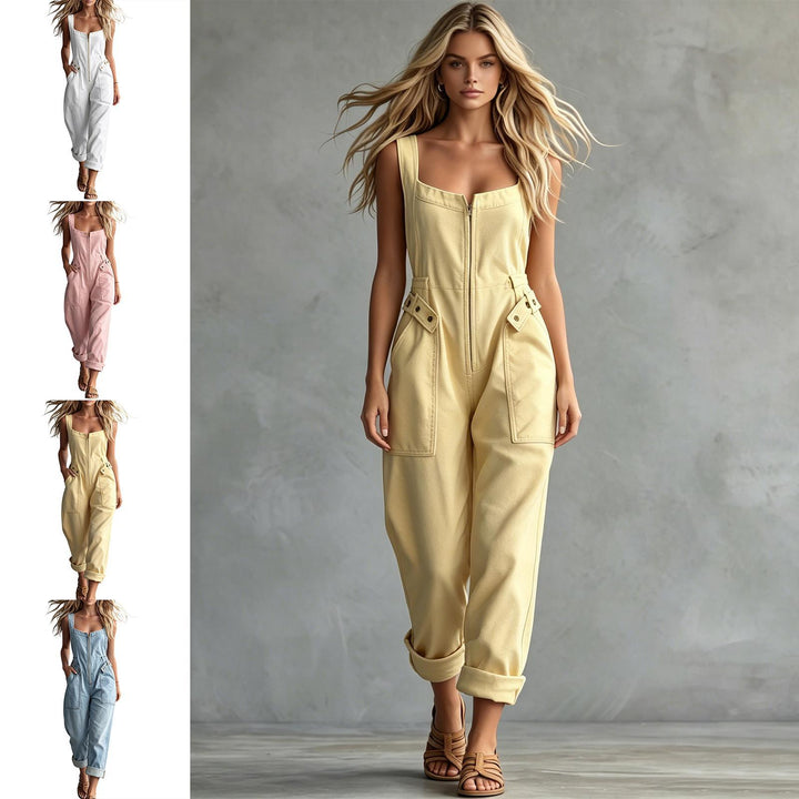 Denim Jumpsuits for Women Square Neck Womens Denim Overalls Front Zip Jumpsuit with Pockets for Daily Wear rational