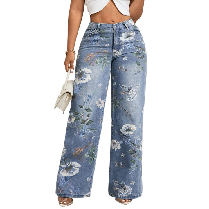 Floral Print Jeans for Women Mid Rise Trendy Jeans Wide Leg Casual Denim Pants with Pockets for Vacation grand