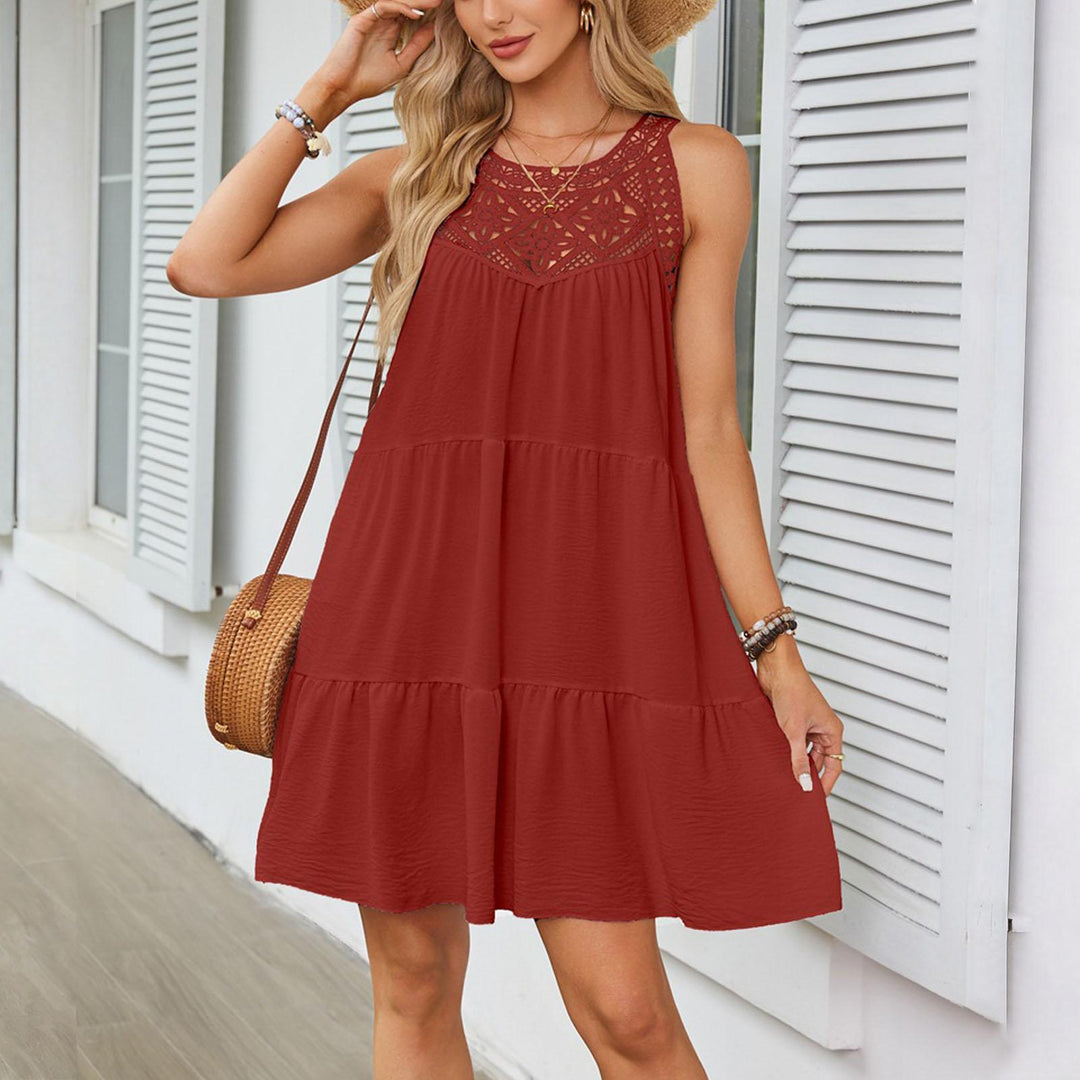 Halter Neck Mini Dress Hollow Out Loose Sleeveless Swing Dresses Summer A Line Sundresses for Daily Wear skilful