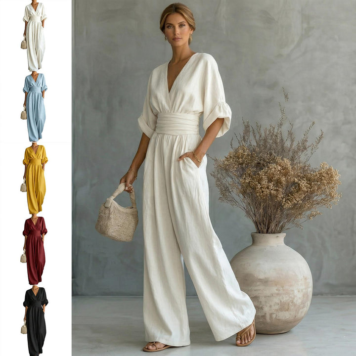 Womens Jumpsuits Casual Dressy V Neck Wide Leg Flowy Short Sleeve Casual Cinched Waist Overalls Daily Wear best service