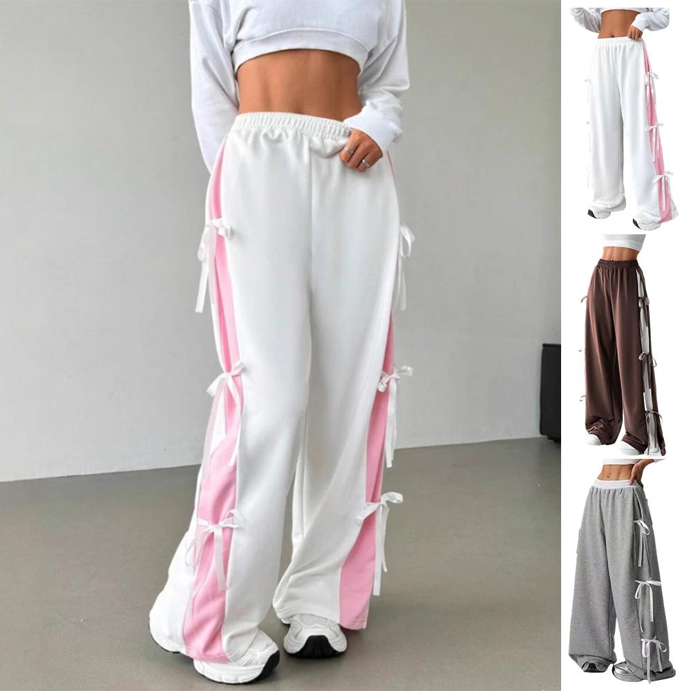 Women's Baggy Sweatpants Bow Tie Elastic Waist Casual Wide Leg Sports Pants with Pocket for Daily Running accepted
