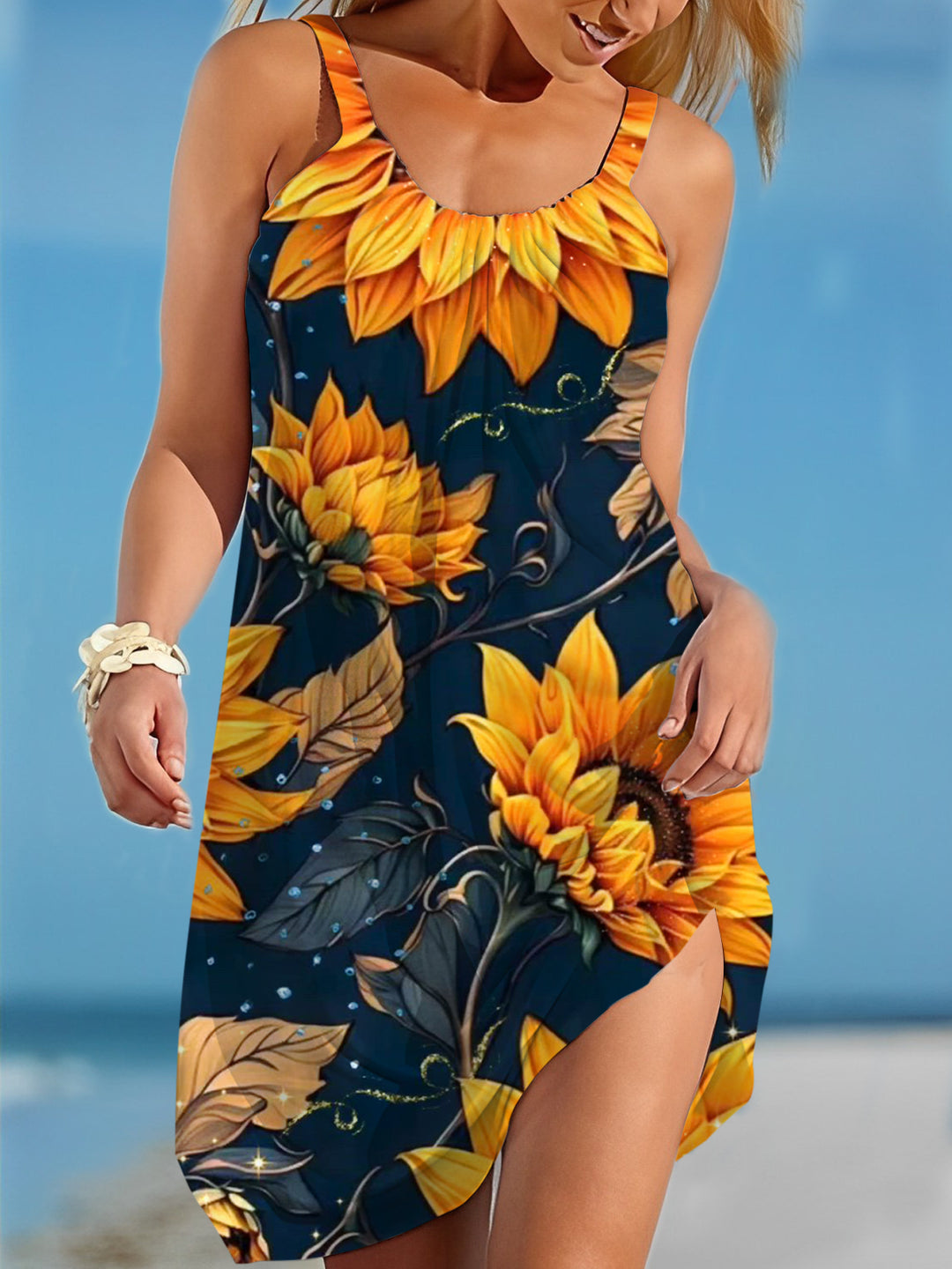 Sunflower Print Casual Beach Dress