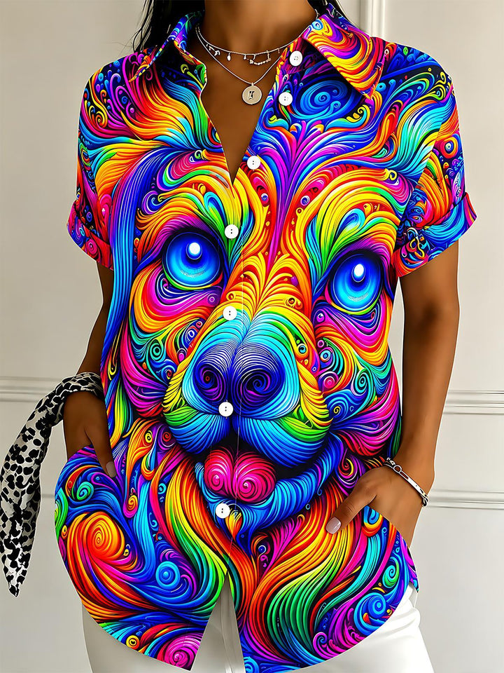 Psychedelic Colorful Dog Women's Short Sleeve Shirts