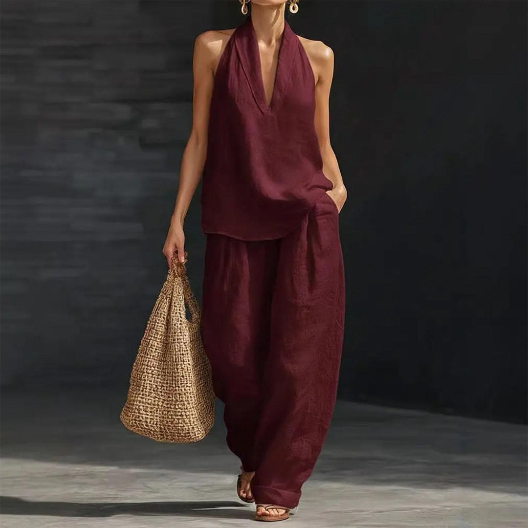 Summer Outfits for Women 2 Piece Set Deep V Neck Sleeveless Loose Fit Halter Top and Wide Leg Pants for Beach classical