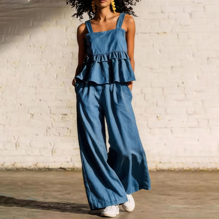 2 Piece Summer Sets for Women Ruffle Casual Summer Sleeveless Peplum Top and Wide Leg Pants Sets for Leisure workable