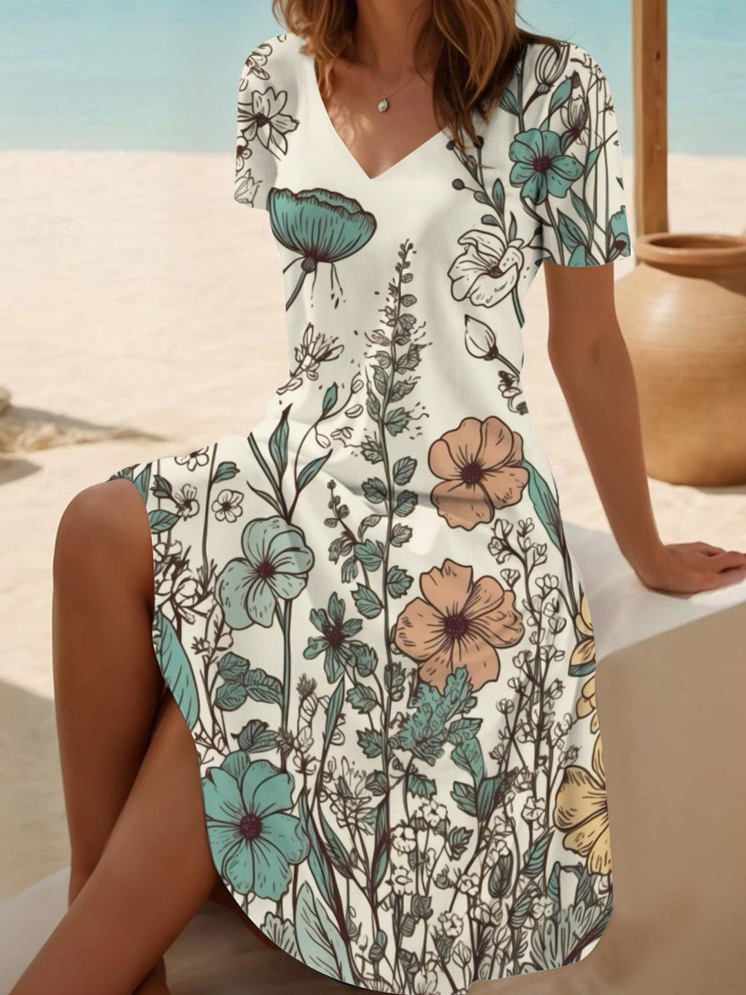 Vintage Floral Print V Neck Short Sleeve Dress