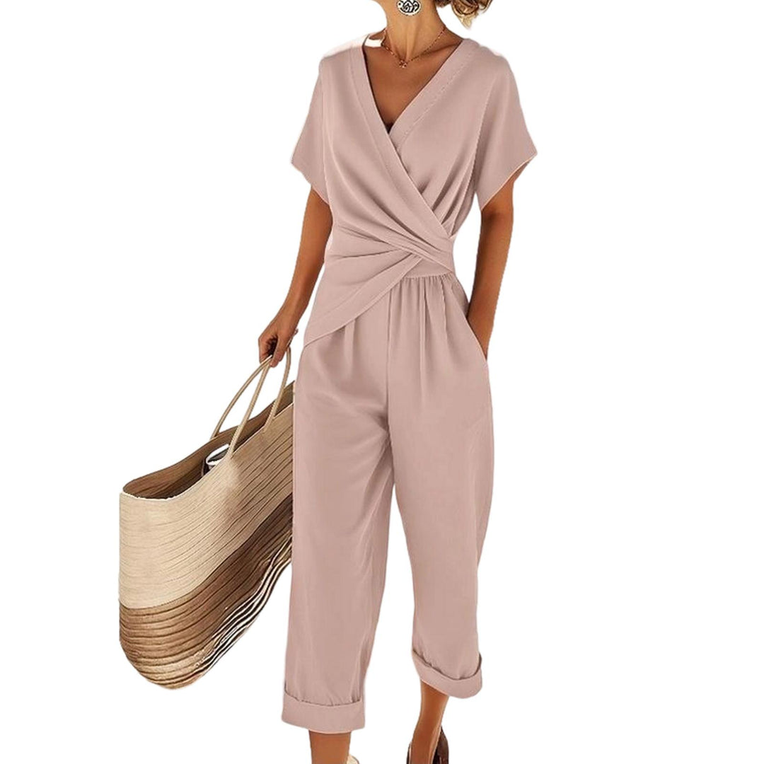 2 Piece Summer Sets for Women Wrap V Neck Side Twist Short Sleeve Solid Top Lounge Pants Outfits for Travel efficient