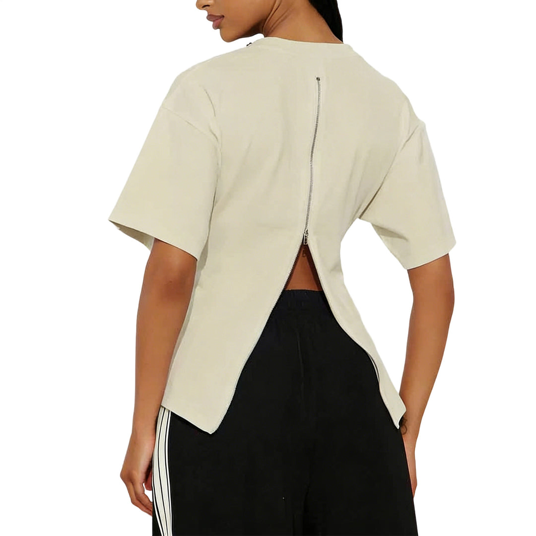 Zipper Back Shirt for Women Back Zipper Crewneck Short Sleeve Cinched Waist Top for Daily Wear Vacation method