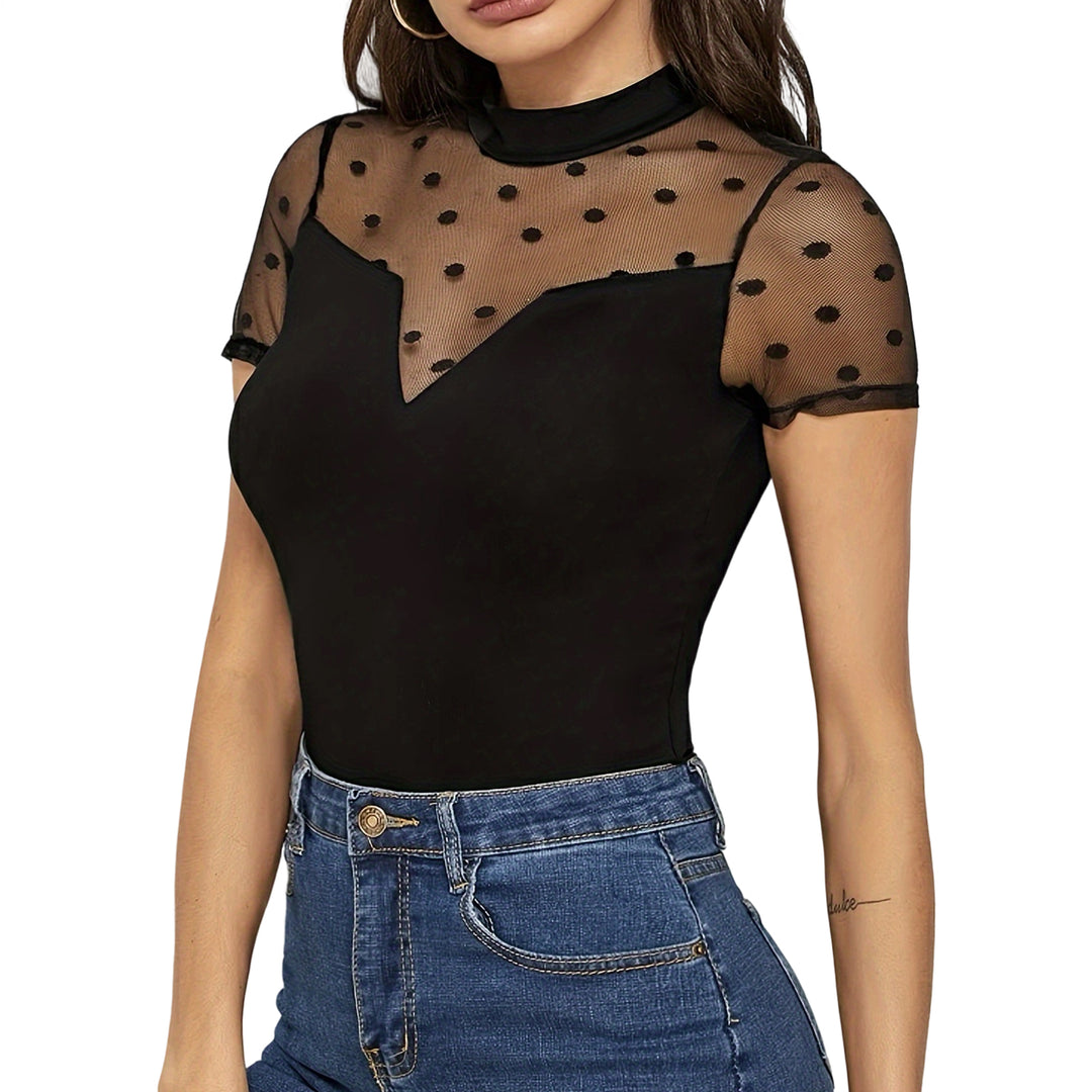Mesh T Shirt Women Sheer Mesh Club Mock Neck T Shirts Sexy Fitted Tops Short Sleeve for Going Out Party Club impart