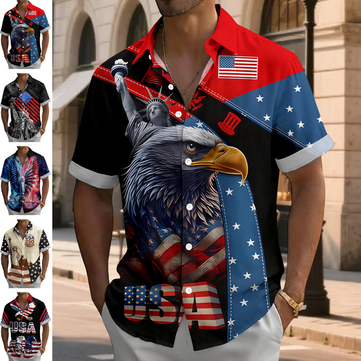 Flag Button Up Shirt Men Eagle Print Short Sleeve Button Down Patriotic Hawaiian Shirts for Parade Party amiable